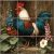 Tile mural with rooster and blooming garden flowers on rustic wood